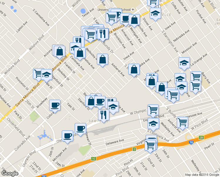 map of restaurants, bars, coffee shops, grocery stores, and more near 1736 South Carmelina Avenue in Los Angeles