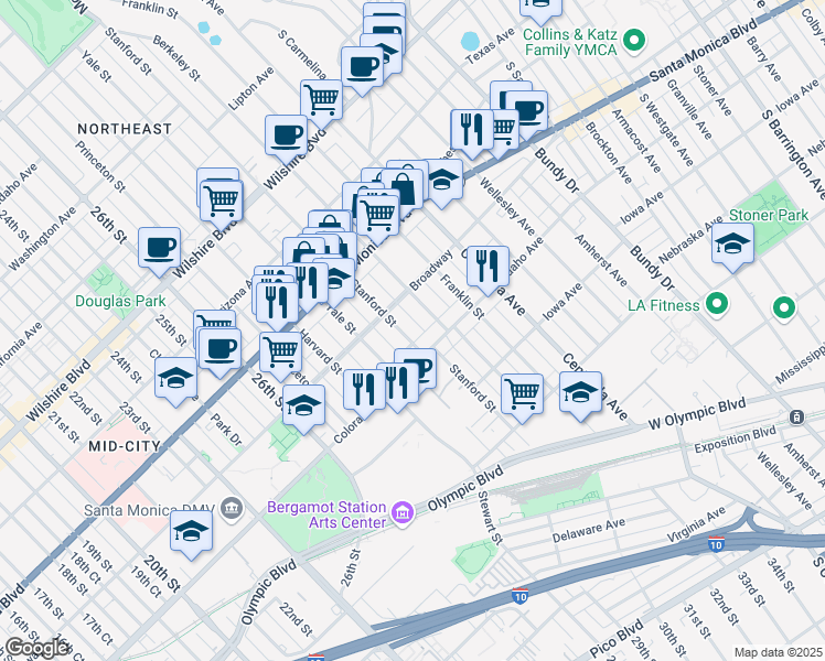 map of restaurants, bars, coffee shops, grocery stores, and more near 1507 Stanford Street in Santa Monica