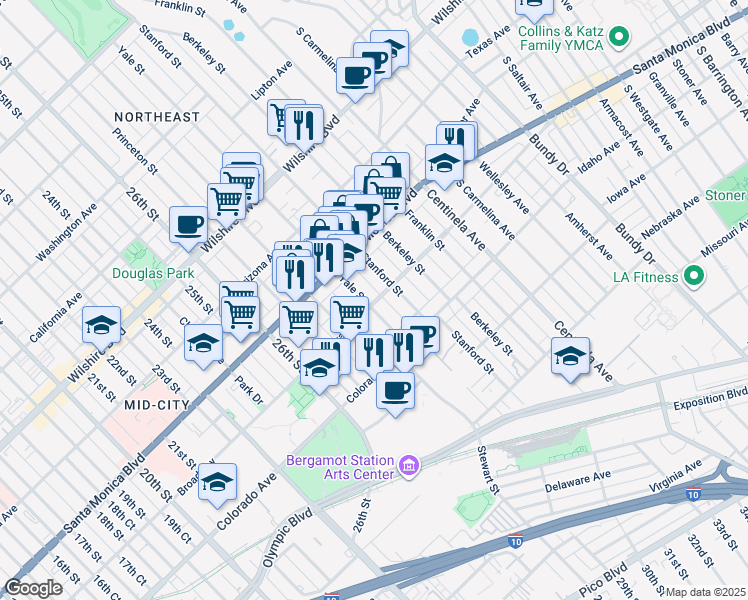 map of restaurants, bars, coffee shops, grocery stores, and more near 1437C Yale Street in Santa Monica