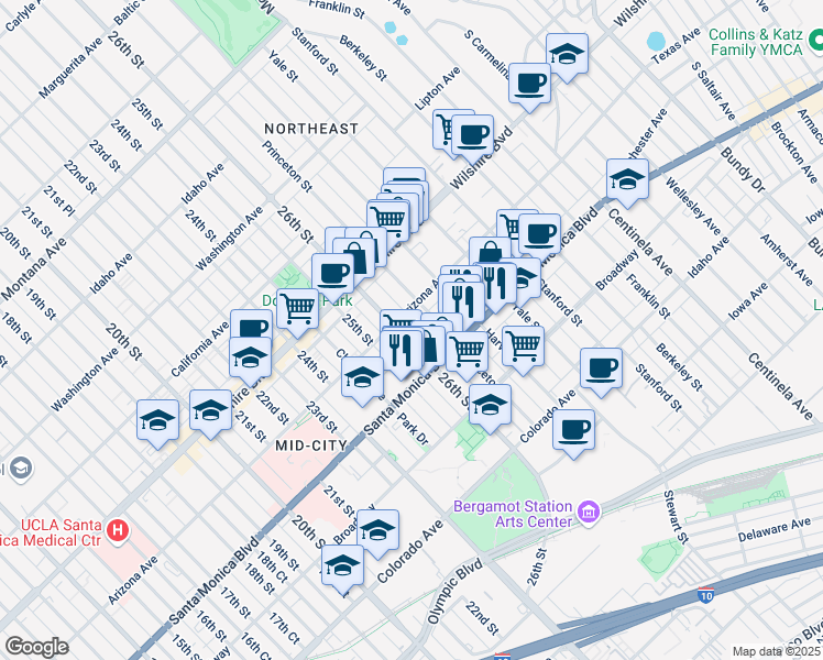map of restaurants, bars, coffee shops, grocery stores, and more near 1321 Princeton Street in Santa Monica