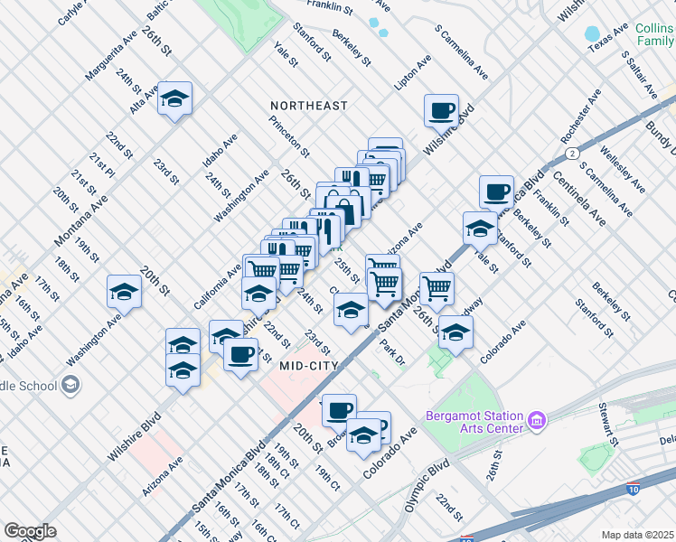 map of restaurants, bars, coffee shops, grocery stores, and more near 1221 25th Street in Santa Monica