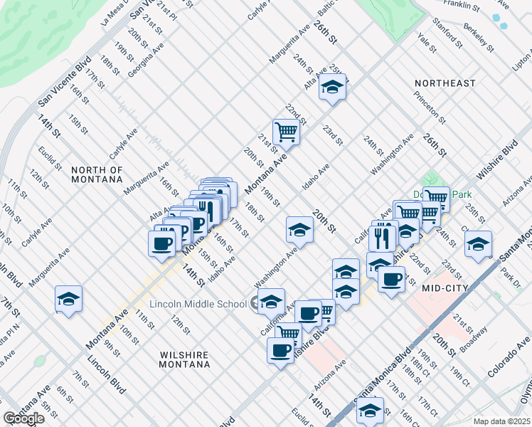map of restaurants, bars, coffee shops, grocery stores, and more near 842 19th Street in Santa Monica
