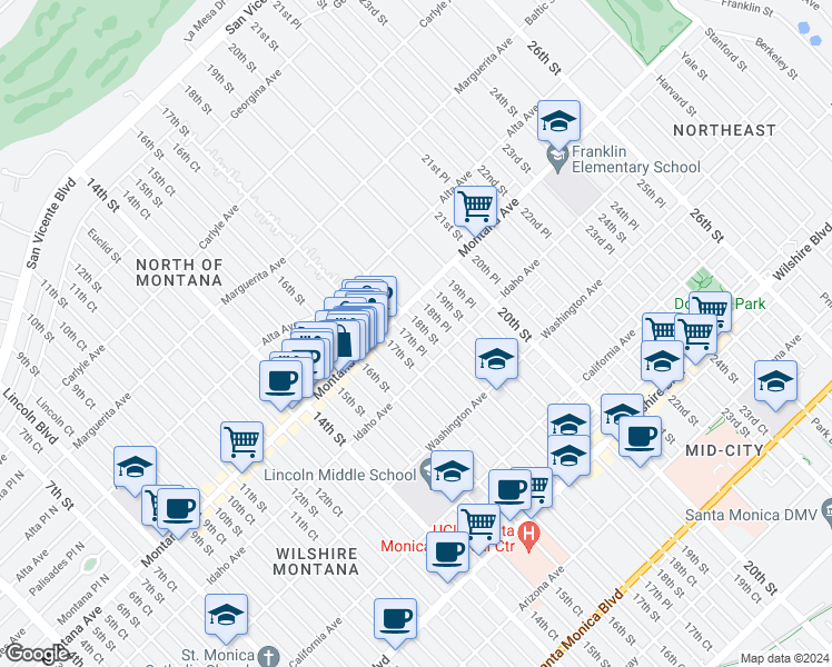 map of restaurants, bars, coffee shops, grocery stores, and more near 811 18th Street in Santa Monica