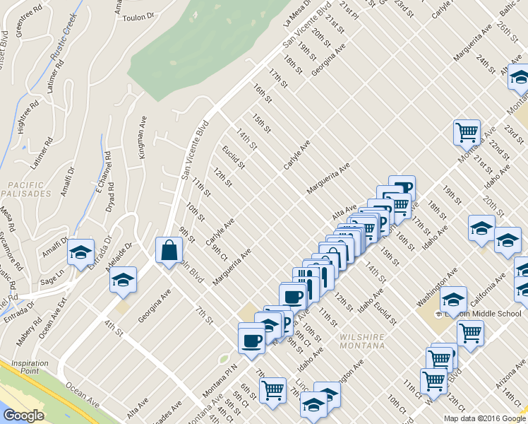 map of restaurants, bars, coffee shops, grocery stores, and more near 403 12th Street in Santa Monica