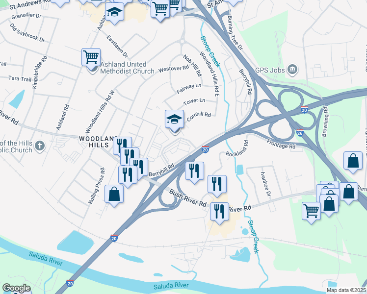 map of restaurants, bars, coffee shops, grocery stores, and more near 201 Executive Center Drive in Columbia