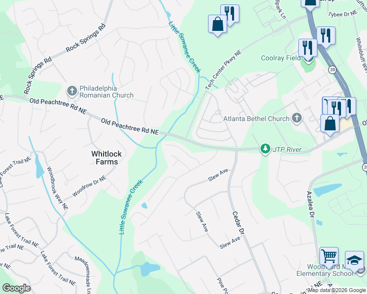 map of restaurants, bars, coffee shops, grocery stores, and more near 2406 Suwanee Pointe Drive in Lawrenceville