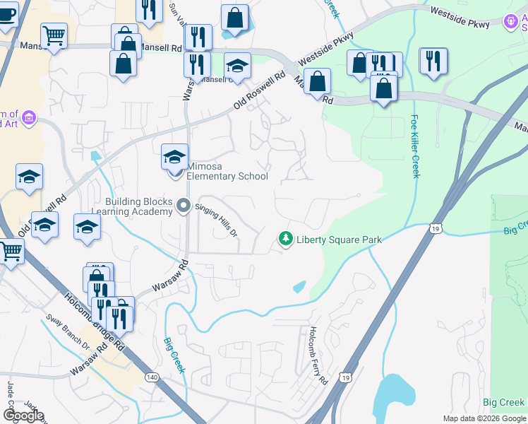 map of restaurants, bars, coffee shops, grocery stores, and more near 1235 Parkmont Drive in Roswell