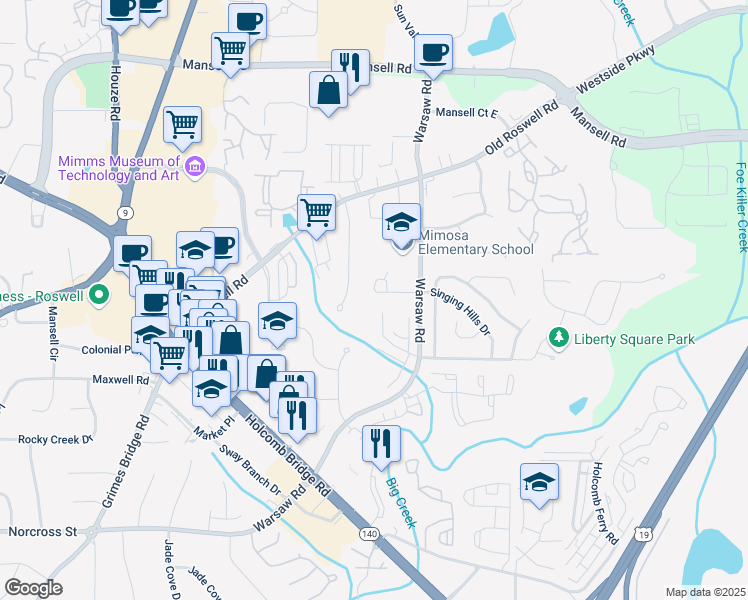 map of restaurants, bars, coffee shops, grocery stores, and more near 185 Willow Stream Court in Roswell