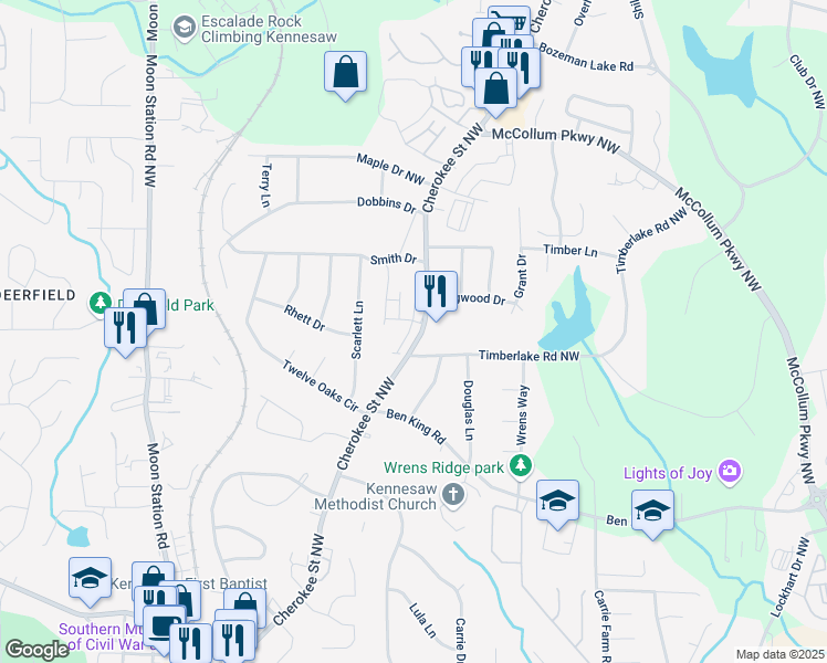 map of restaurants, bars, coffee shops, grocery stores, and more near 3352 Cranston Lane in Kennesaw