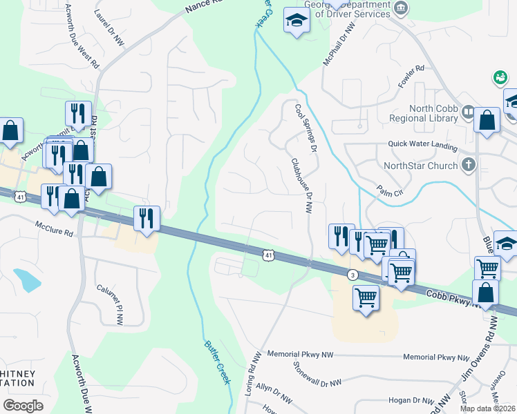map of restaurants, bars, coffee shops, grocery stores, and more near 111 Park Forest Drive Northwest in Kennesaw