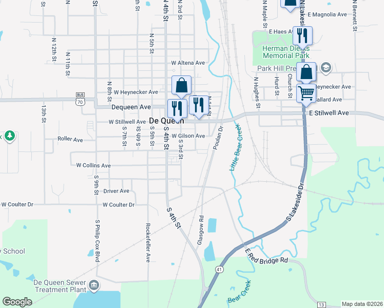 map of restaurants, bars, coffee shops, grocery stores, and more near 210 West Wallace Avenue in De Queen