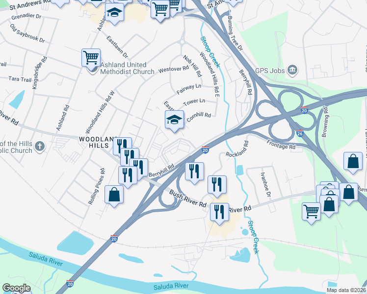 map of restaurants, bars, coffee shops, grocery stores, and more near 220 Executive Center Drive in Columbia