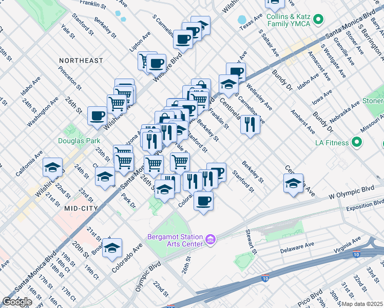 map of restaurants, bars, coffee shops, grocery stores, and more near 1437C Yale Street in Santa Monica
