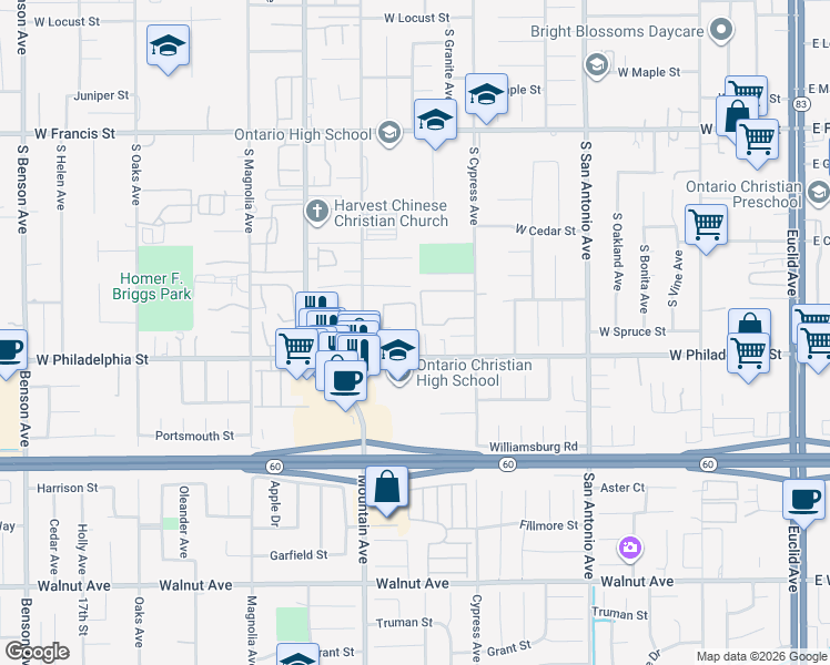 map of restaurants, bars, coffee shops, grocery stores, and more near 926 West Philadelphia Street in Ontario