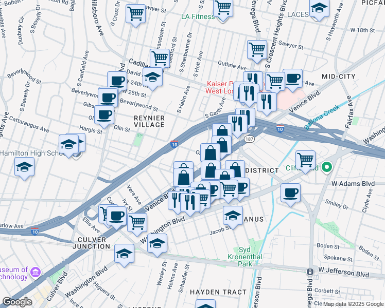 map of restaurants, bars, coffee shops, grocery stores, and more near 8650 Olin Street in Los Angeles