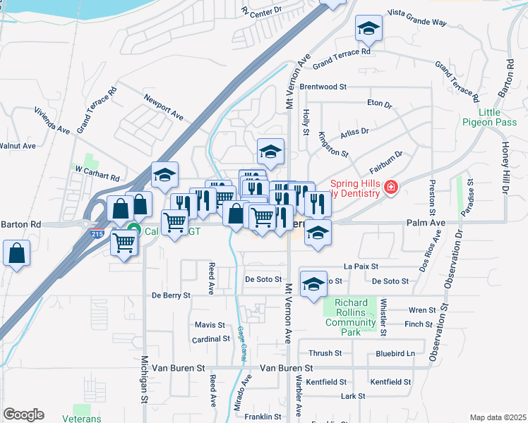 map of restaurants, bars, coffee shops, grocery stores, and more near 22456 Chaparral Lane in Grand Terrace