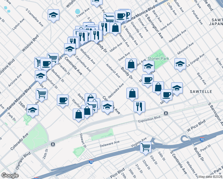 map of restaurants, bars, coffee shops, grocery stores, and more near 1736 South Carmelina Avenue in Los Angeles