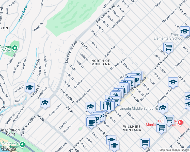 map of restaurants, bars, coffee shops, grocery stores, and more near 403 12th Street in Santa Monica