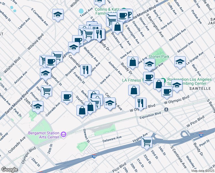 map of restaurants, bars, coffee shops, grocery stores, and more near 1736 South Carmelina Avenue in Los Angeles