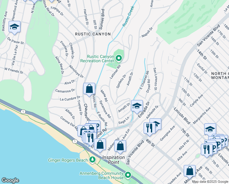 map of restaurants, bars, coffee shops, grocery stores, and more near 525 Spoleto Drive in Los Angeles