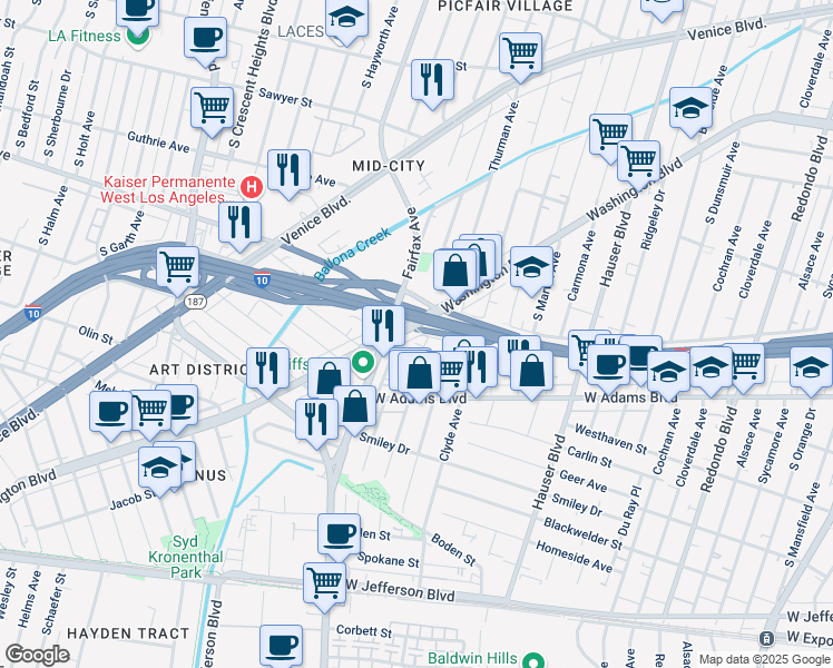 map of restaurants, bars, coffee shops, grocery stores, and more near 5603 West Washington Boulevard in Los Angeles