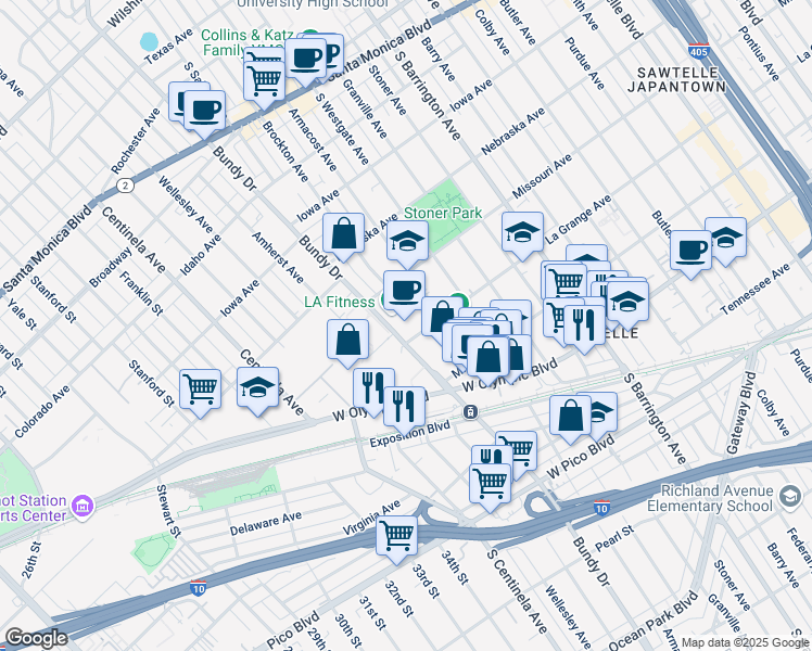 map of restaurants, bars, coffee shops, grocery stores, and more near 1935 Armacost Avenue in Los Angeles
