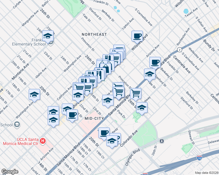 map of restaurants, bars, coffee shops, grocery stores, and more near 1247 25th Street in Santa Monica