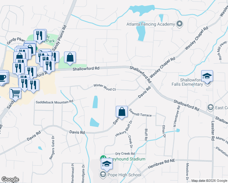 map of restaurants, bars, coffee shops, grocery stores, and more near 3401 Winter Wood Court in Marietta