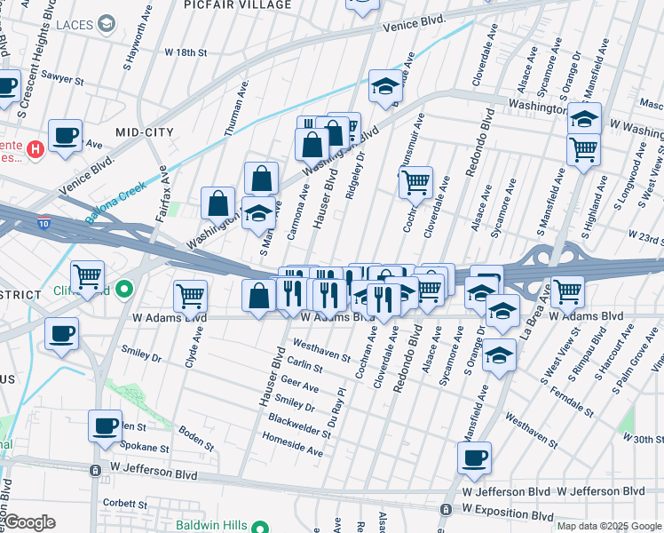 map of restaurants, bars, coffee shops, grocery stores, and more near 2420 1/2 South Ridgeley Drive in Los Angeles