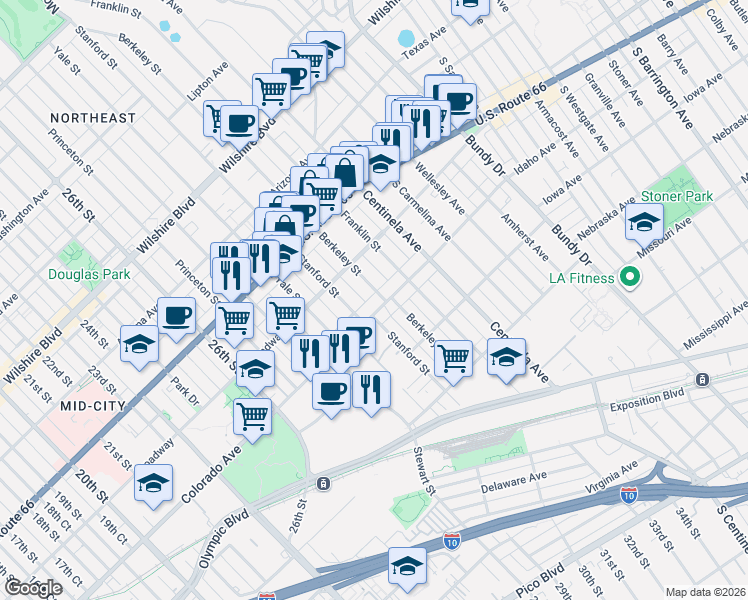 map of restaurants, bars, coffee shops, grocery stores, and more near 1552 Berkeley Street in Santa Monica