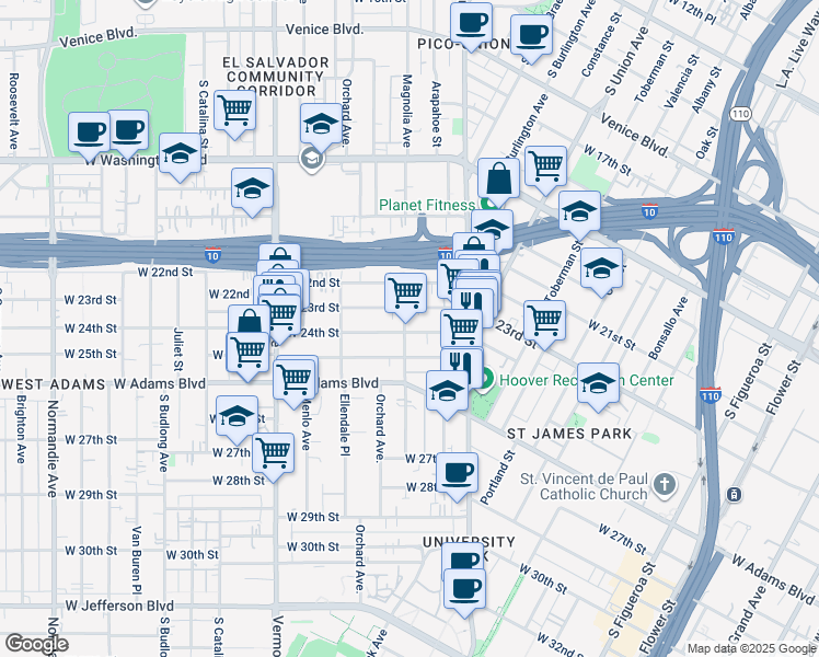 map of restaurants, bars, coffee shops, grocery stores, and more near 1191 West 24th Street in Los Angeles