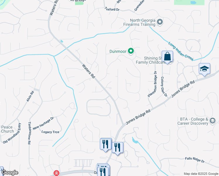 map of restaurants, bars, coffee shops, grocery stores, and more near Thome Drive in Alpharetta