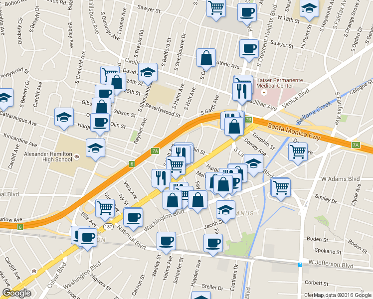 map of restaurants, bars, coffee shops, grocery stores, and more near 8650 Olin Street in Los Angeles