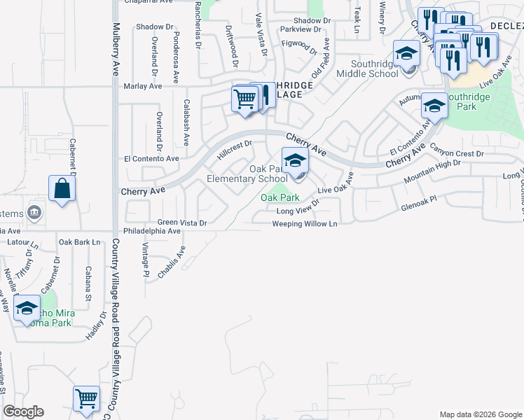 map of restaurants, bars, coffee shops, grocery stores, and more near 14601 Long View Drive in Fontana
