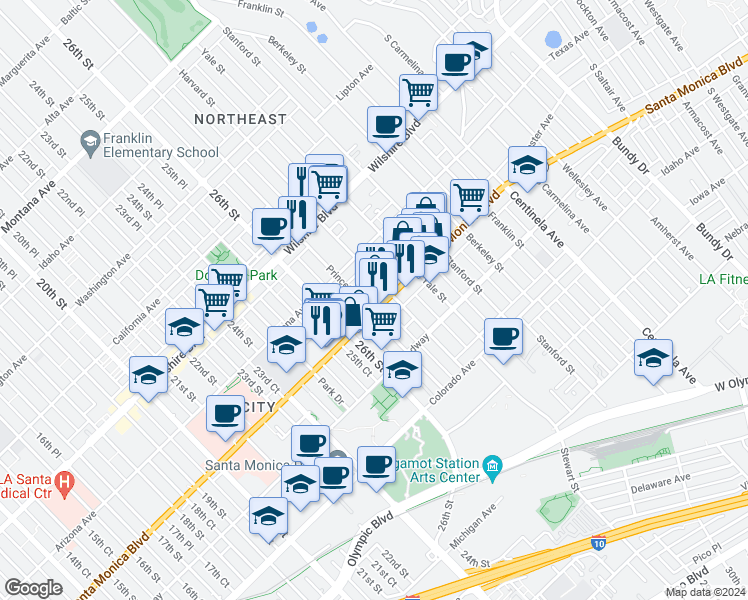 map of restaurants, bars, coffee shops, grocery stores, and more near 2709 Santa Monica Boulevard in Santa Monica