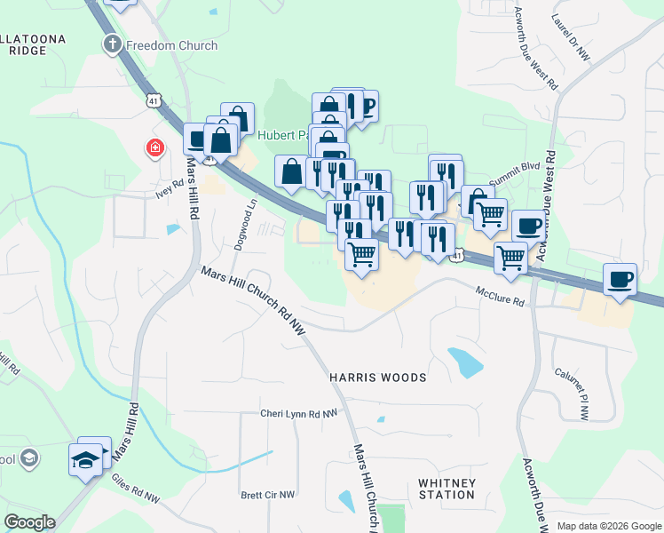 map of restaurants, bars, coffee shops, grocery stores, and more near 18 in Acworth