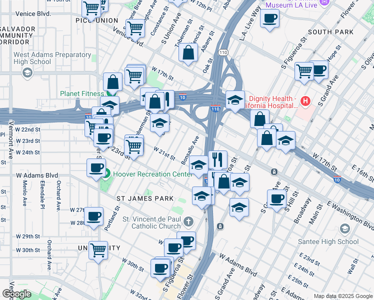 map of restaurants, bars, coffee shops, grocery stores, and more near 1934 Park Grove Avenue in Los Angeles