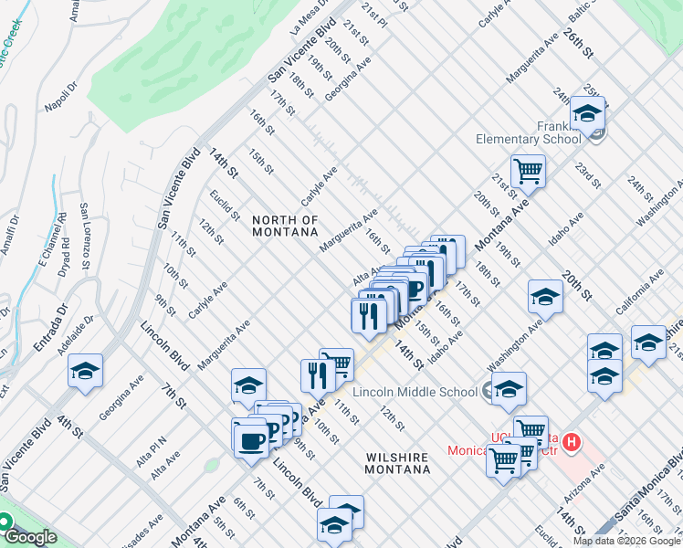 map of restaurants, bars, coffee shops, grocery stores, and more near 543 14th Street in Santa Monica