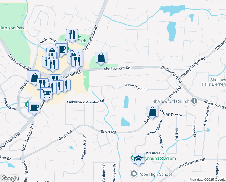 map of restaurants, bars, coffee shops, grocery stores, and more near 3312 Winter Wood Court in Marietta