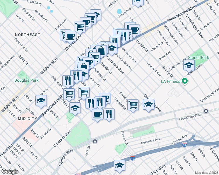map of restaurants, bars, coffee shops, grocery stores, and more near 1537 Berkeley Street in Santa Monica
