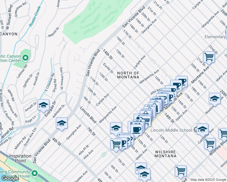 map of restaurants, bars, coffee shops, grocery stores, and more near 404 12th Street in Santa Monica