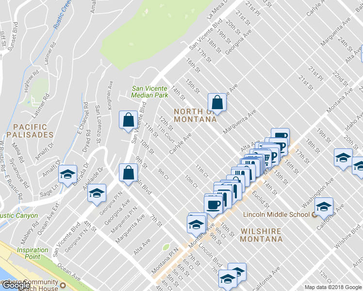 map of restaurants, bars, coffee shops, grocery stores, and more near 404 12th Street in Santa Monica