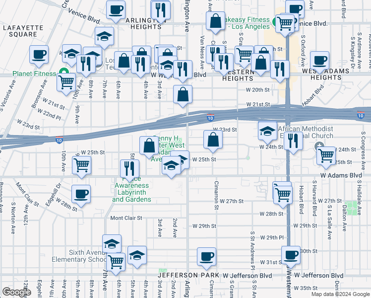 map of restaurants, bars, coffee shops, grocery stores, and more near 2300 West 24th Street in Los Angeles
