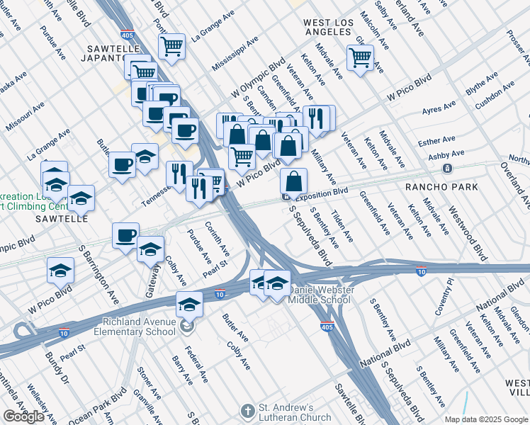 map of restaurants, bars, coffee shops, grocery stores, and more near 11216 Exposition Boulevard in Los Angeles