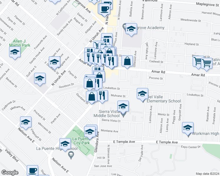map of restaurants, bars, coffee shops, grocery stores, and more near North Stimson Avenue & Loukelton Street in La Puente