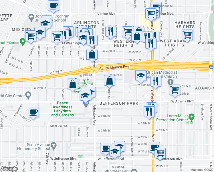 map of restaurants, bars, coffee shops, grocery stores, and more near 2232 West 24th Street in Los Angeles