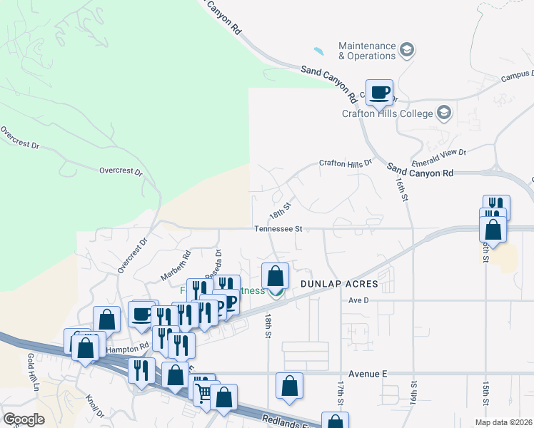 map of restaurants, bars, coffee shops, grocery stores, and more near 12068 18th Street in Yucaipa