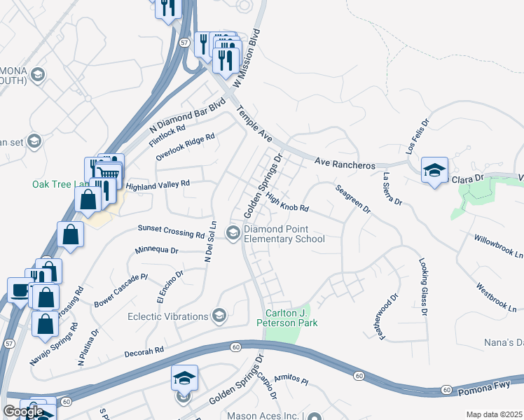 map of restaurants, bars, coffee shops, grocery stores, and more near 1060 Golden Springs Drive in Diamond Bar