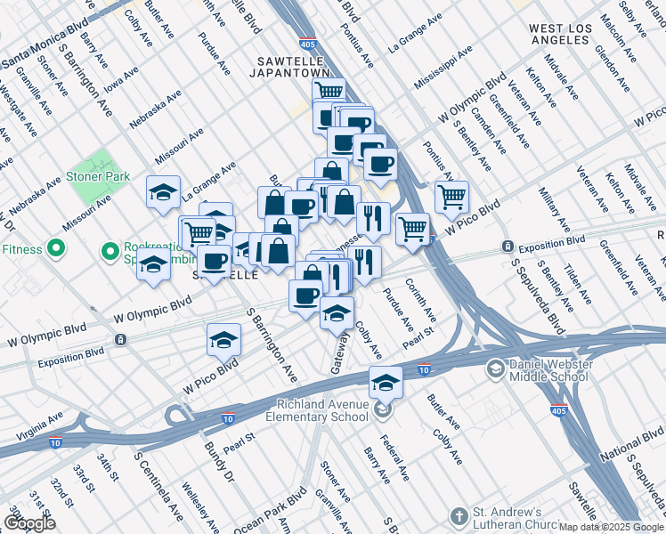 map of restaurants, bars, coffee shops, grocery stores, and more near 11511 Tennessee Avenue in Los Angeles