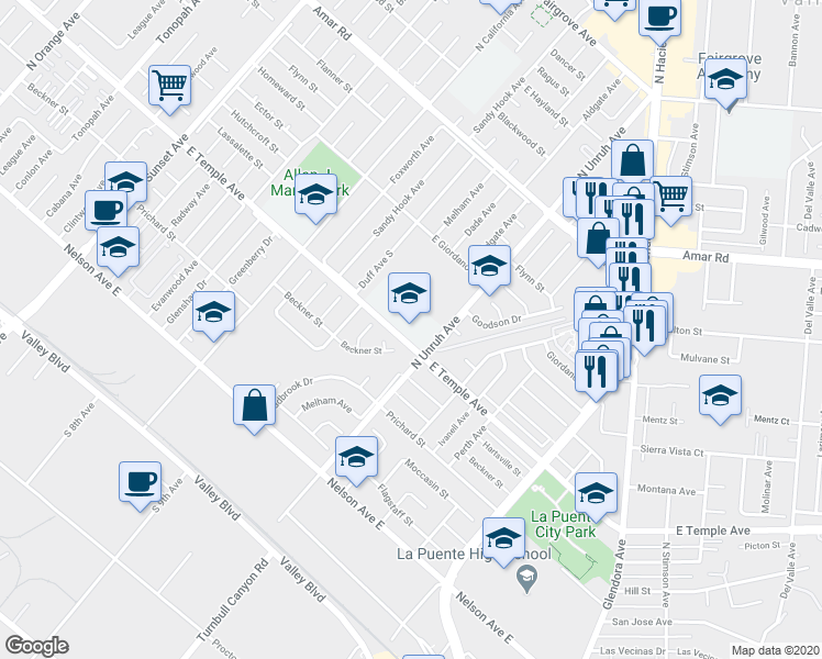 map of restaurants, bars, coffee shops, grocery stores, and more near 15151 East Temple Avenue in La Puente